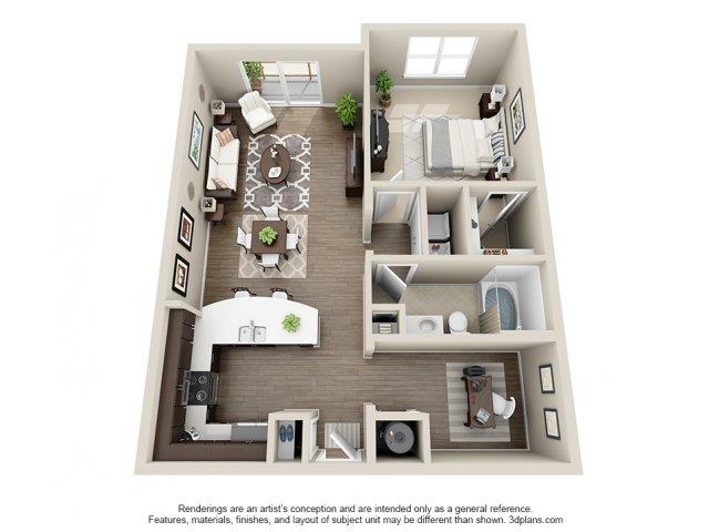 Floor plan for 1 bed, 1 bath, 908 sqft
