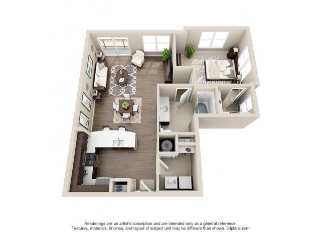 Floor plan for 1 bed, 1 bath, 837 sqft