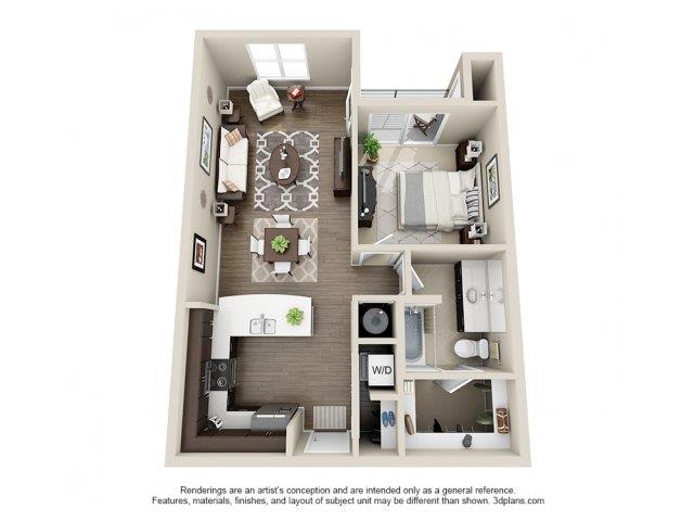 Floor plan for 1 bed, 1 bath, 738 sqft