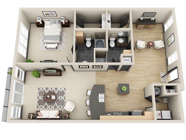 Floor plan for 1 bed, 2 baths, 1216 sqft