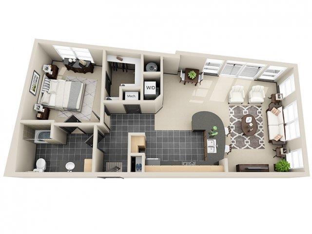 Floor plan for 1 bed, 1 bath, 859 sqft