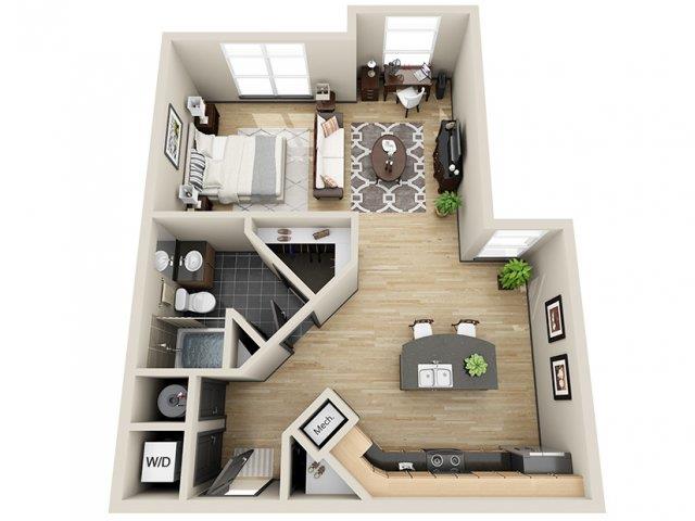 Floor plan for studio, 1 bath, 663 sqft
