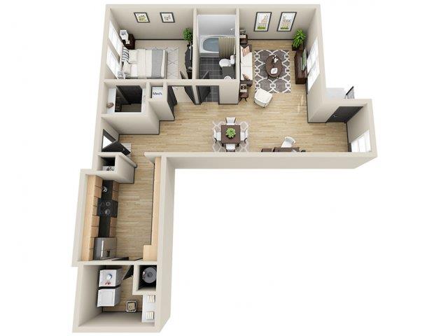 Floor plan for 1 bed, 1 bath, 910 sqft