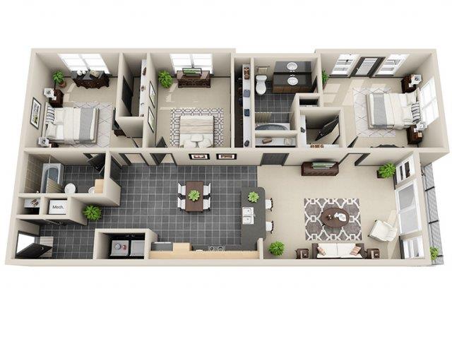 Floor plan for 3 beds, 2 baths, 1399 sqft