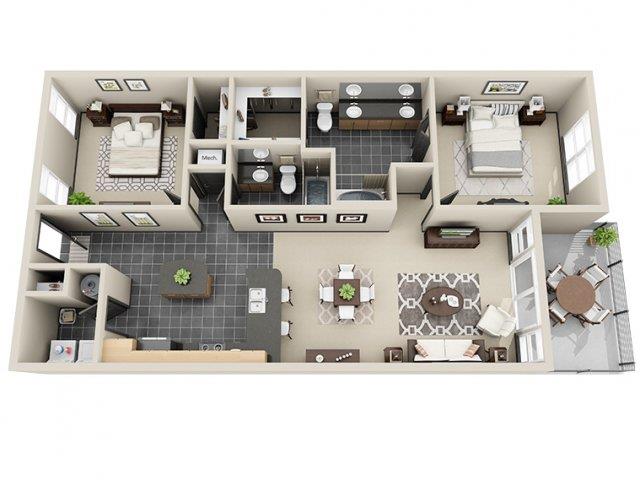 Floor plan for 2 beds, 2 baths, 1308 sqft