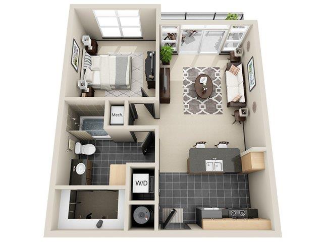 Floor plan for 1 bed, 1 bath, 746 sqft