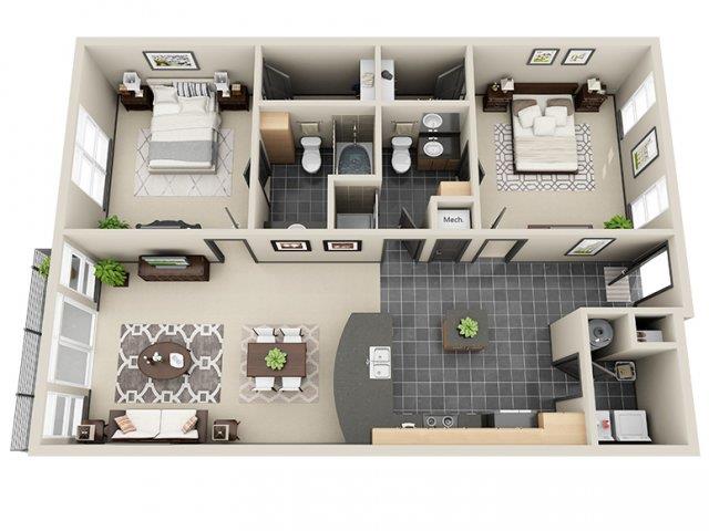 Floor plan for 2 beds, 2 baths, 1275 sqft