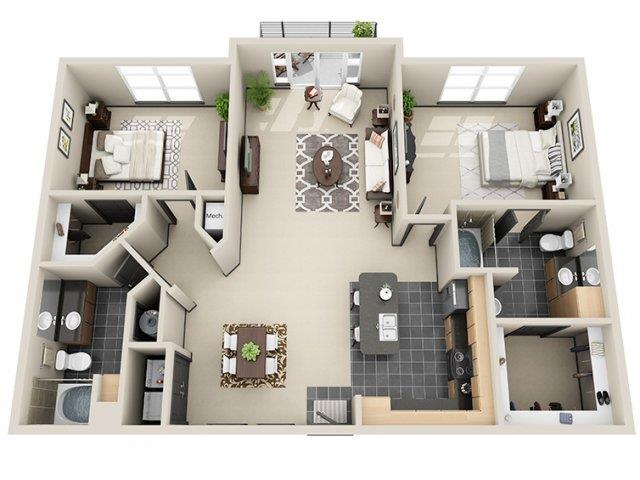 Floor plan for 2 beds, 2 baths, 1276 sqft