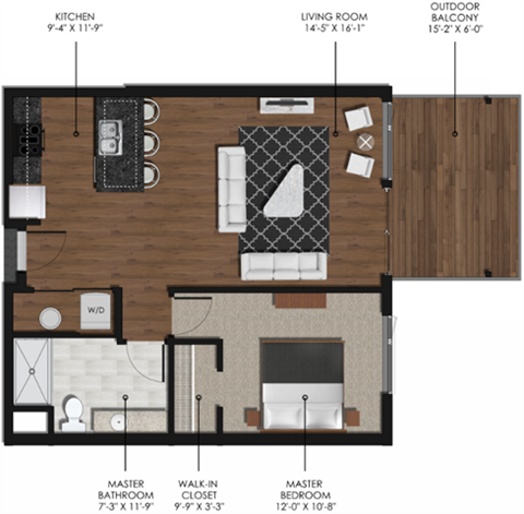 Floor plan for 1 bed, 1 bath, 700 sqft