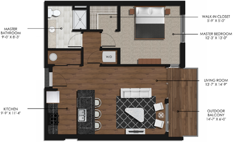 Floor plan for 1 bed, 1 bath, 700 sqft