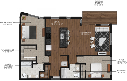 Floor plan for 2 beds, 2 baths, 1100 sqft