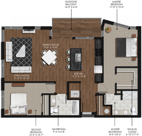 Floor plan for 2 beds, 2 baths, 1140 sqft