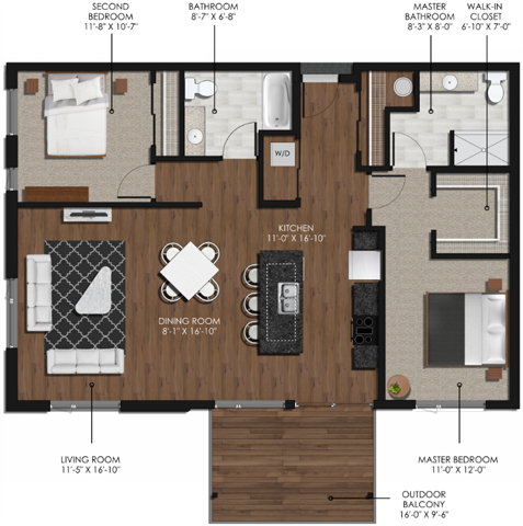 Floor plan for 2 beds, 2 baths, 1160 sqft
