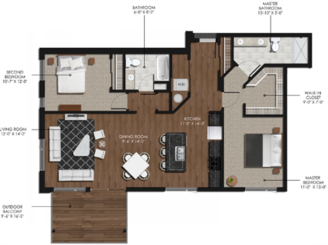 Floor plan for 2 beds, 2 baths, 1160 sqft