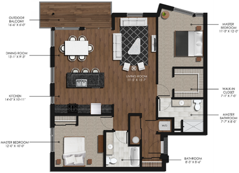 Floor plan for 2 beds, 2 baths, 1180 sqft