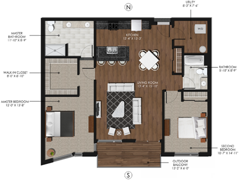 Floor plan for 2 beds, 2 baths, 1225 sqft