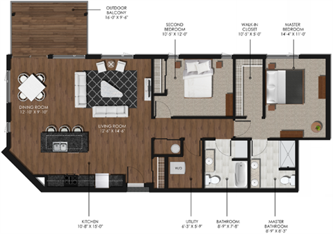 Floor plan for 2 beds, 2 baths, 1270 sqft