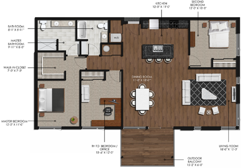 Floor plan for 3 beds, 2 baths, 1440 sqft