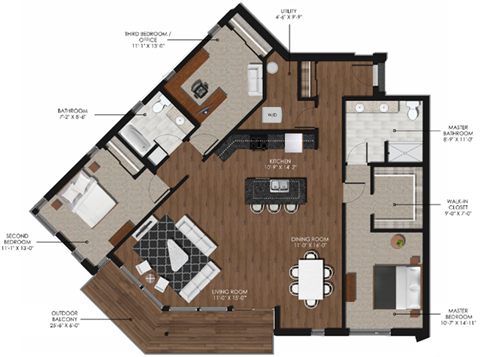 Floor plan for 3 beds, 2 baths, 1600 sqft