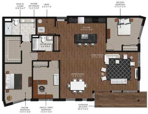 Floor plan for 3 beds, 2 baths, 1685 sqft