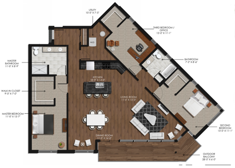 Floor plan for 3 beds, 2 baths, 1720 sqft