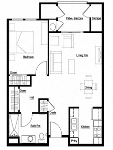 Floor plan for 1 bed, 1 bath, 751 sqft