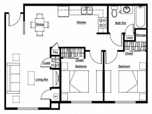 Floor plan for 2 beds, 1 bath, 784 sqft