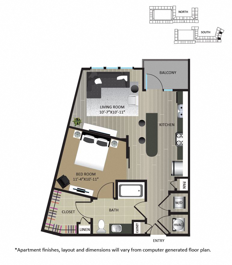 Floor plan for 1 bed, 1 bath, 705 sqft