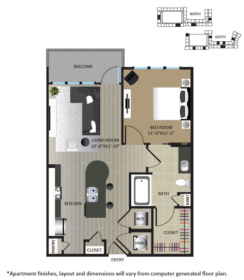 Floor plan for 1 bed, 1 bath, 713 sqft