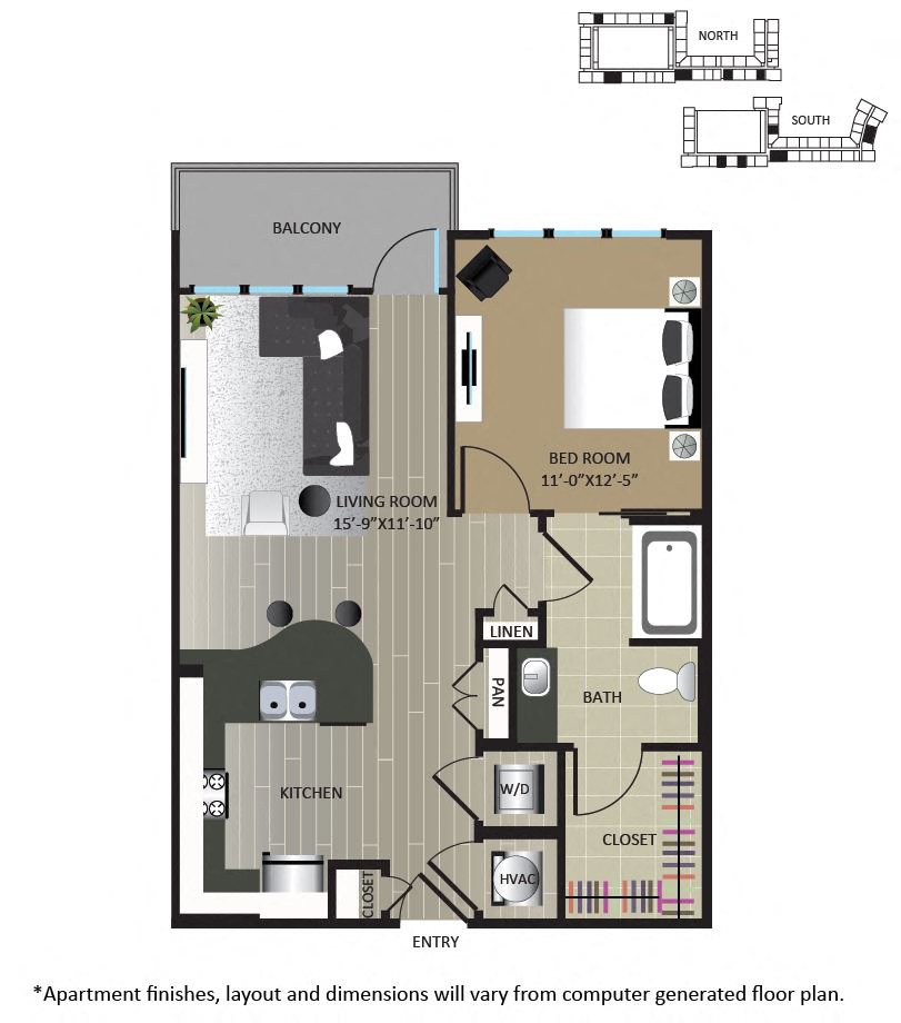 Floor plan for 1 bed, 1 bath, 713 sqft