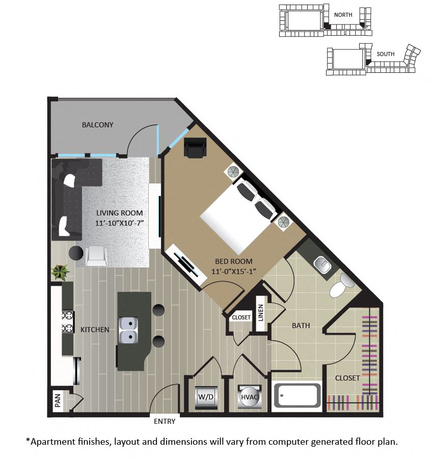 Floor plan for 1 bed, 1 bath, 736 sqft