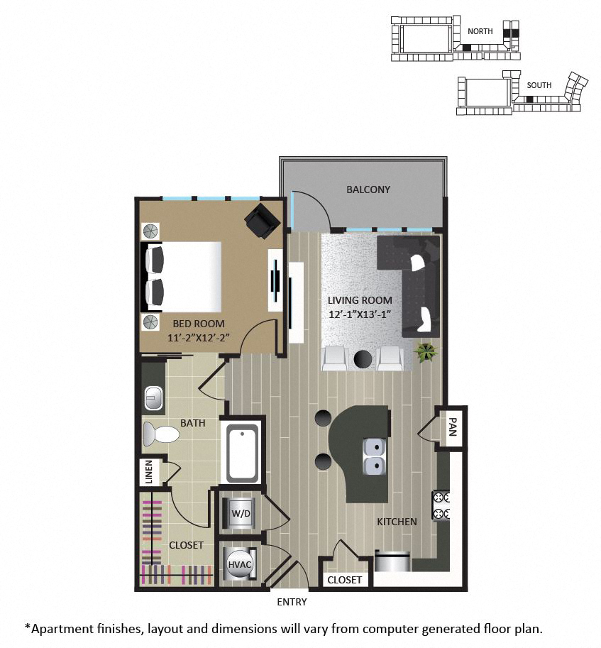 Floor plan for 1 bed, 1 bath, 750 sqft