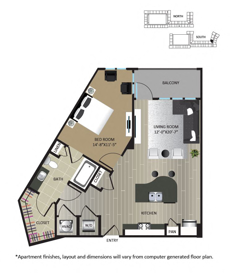 Floor plan for 1 bed, 1 bath, 798 sqft