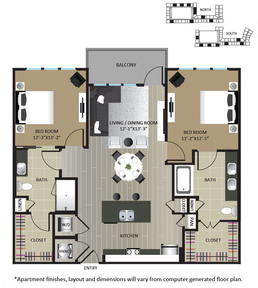 Floor plan for 2 beds, 2 baths, 1086 sqft