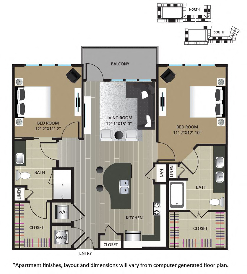 Floor plan for 2 beds, 2 baths, 1086 sqft