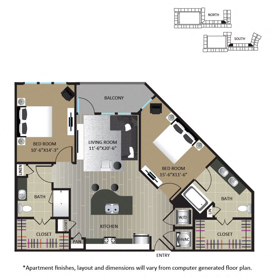 Floor plan for 2 beds, 2 baths, 1091 sqft