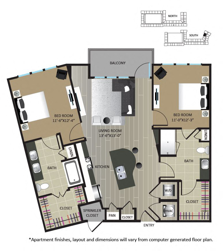 Floor plan for 2 beds, 2 baths, 1093 sqft