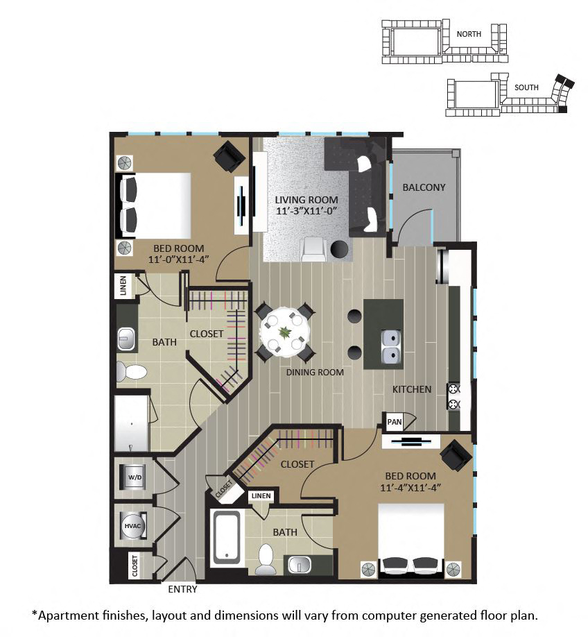 Floor plan for 2 beds, 2 baths, 1111 sqft