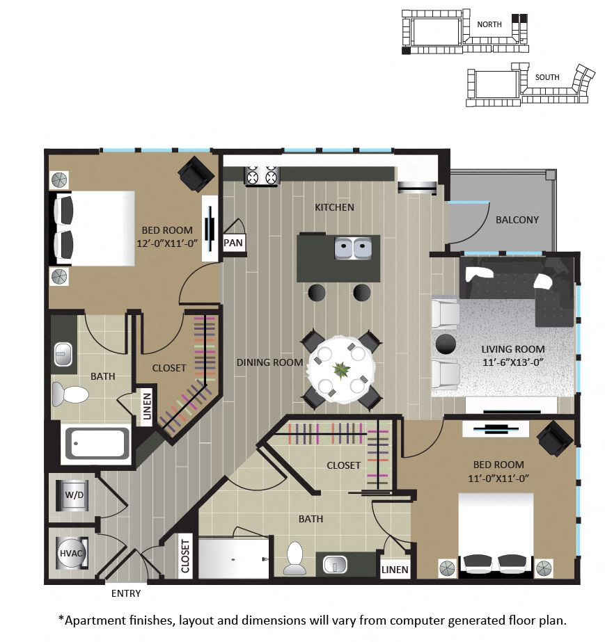 Floor plan for 2 beds, 2 baths, 1112 sqft