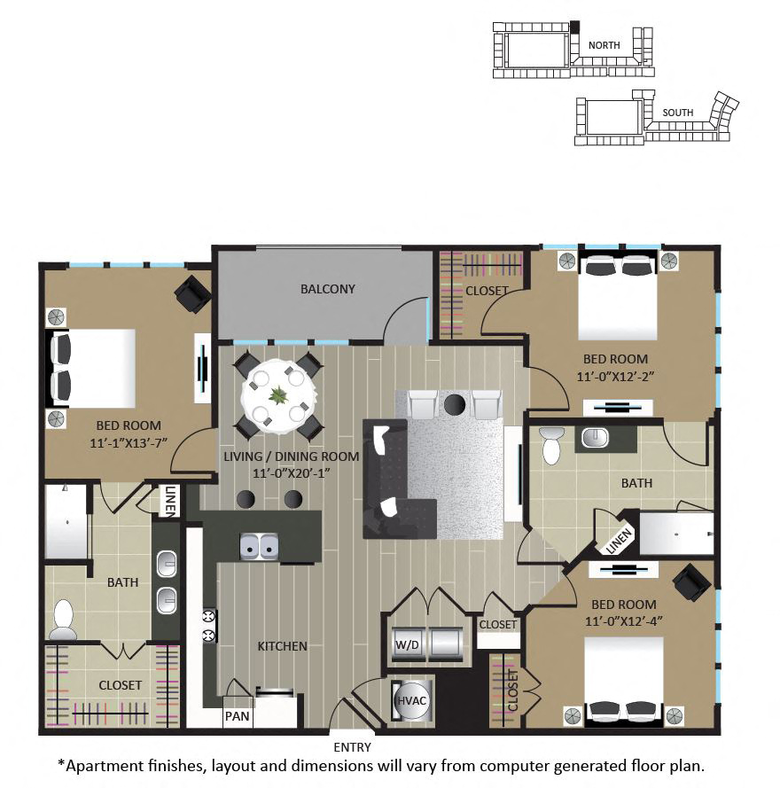 Floor plan for 3 beds, 2 baths, 1348 sqft