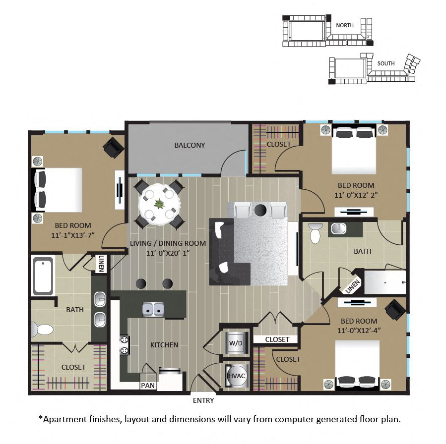 Floor plan for 3 beds, 2 baths, 1348 sqft
