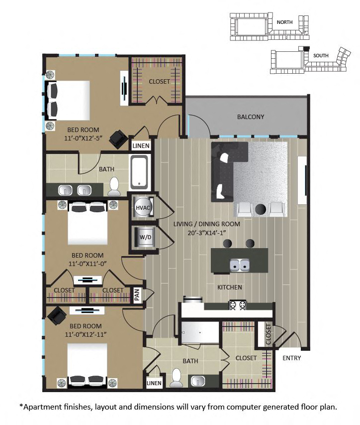 Floor plan for 3 beds, 2 baths, 1388 sqft