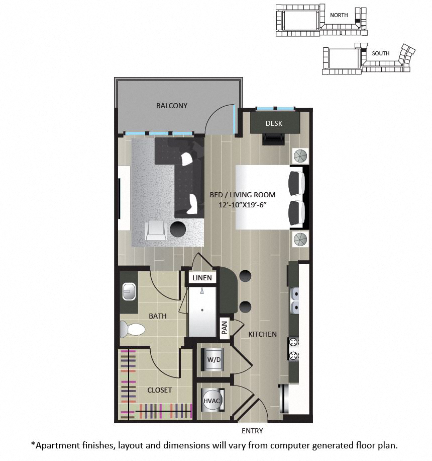 Floor plan for studio, 1 bath, 574 sqft