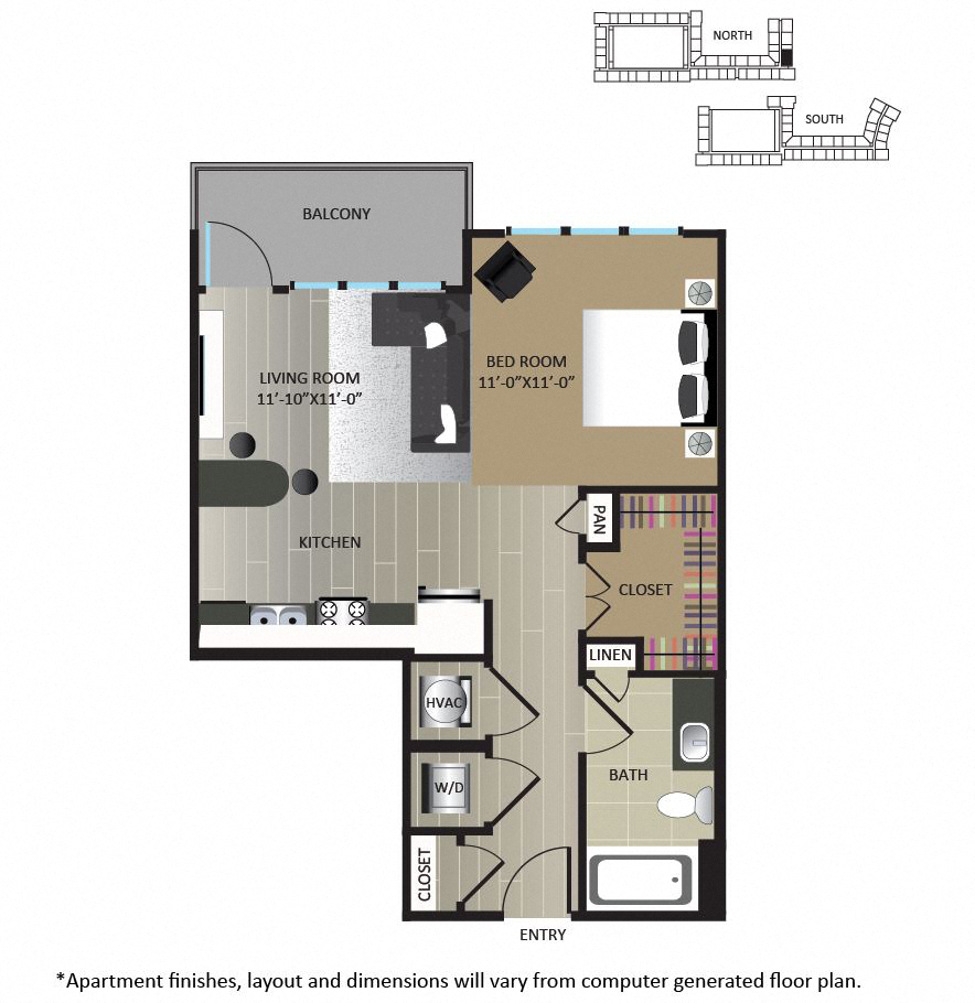 Floor plan for studio, 1 bath, 602 sqft