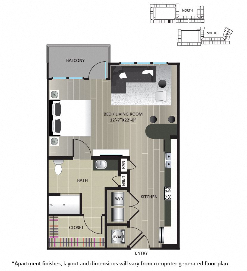 Floor plan for studio, 1 bath, 656 sqft