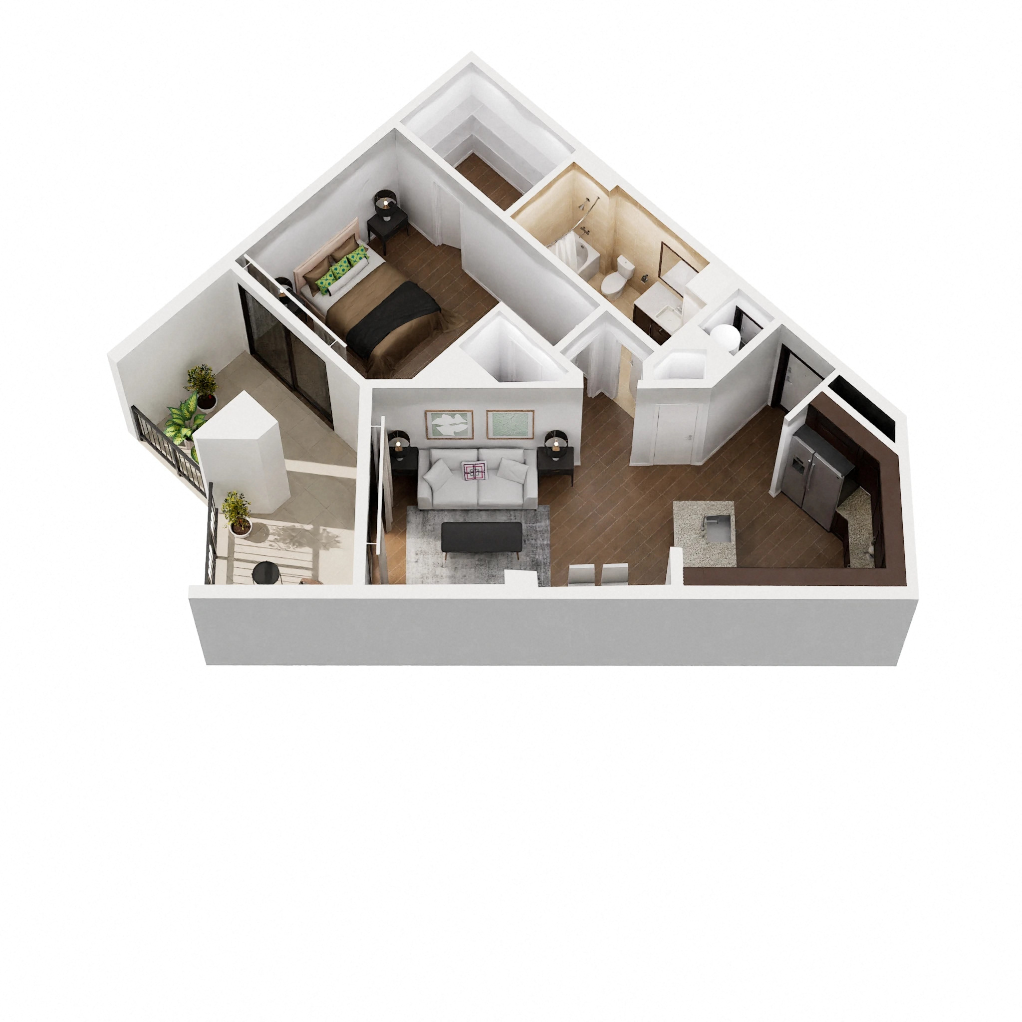 Floor plan for 1 bed, 1 bath, 698 sqft