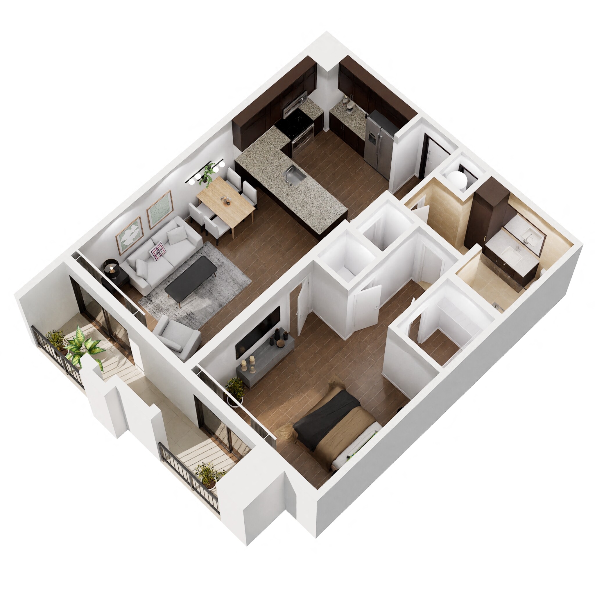 Floor plan for 1 bed, 1 bath, 727 sqft