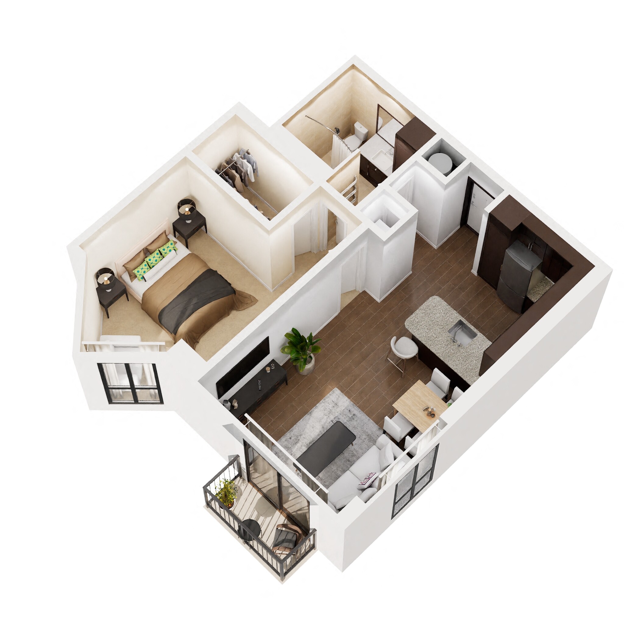 Floor plan for 1 bed, 1 bath, 939 sqft