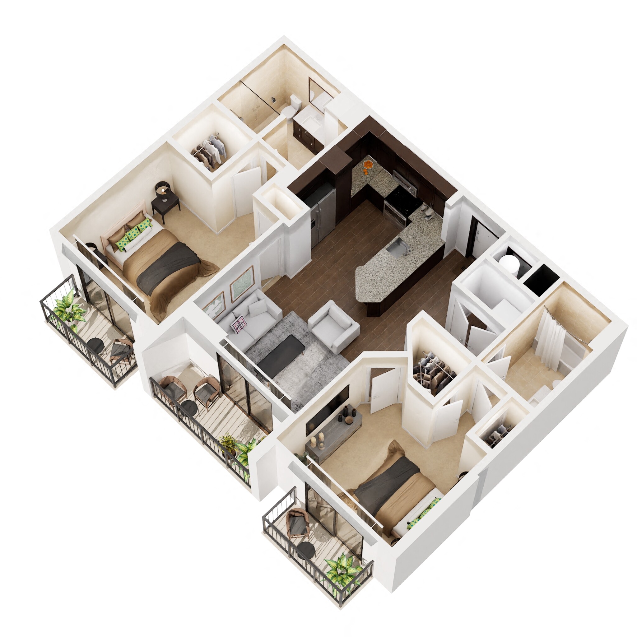 Floor plan for 2 beds, 2 baths, 1054 sqft