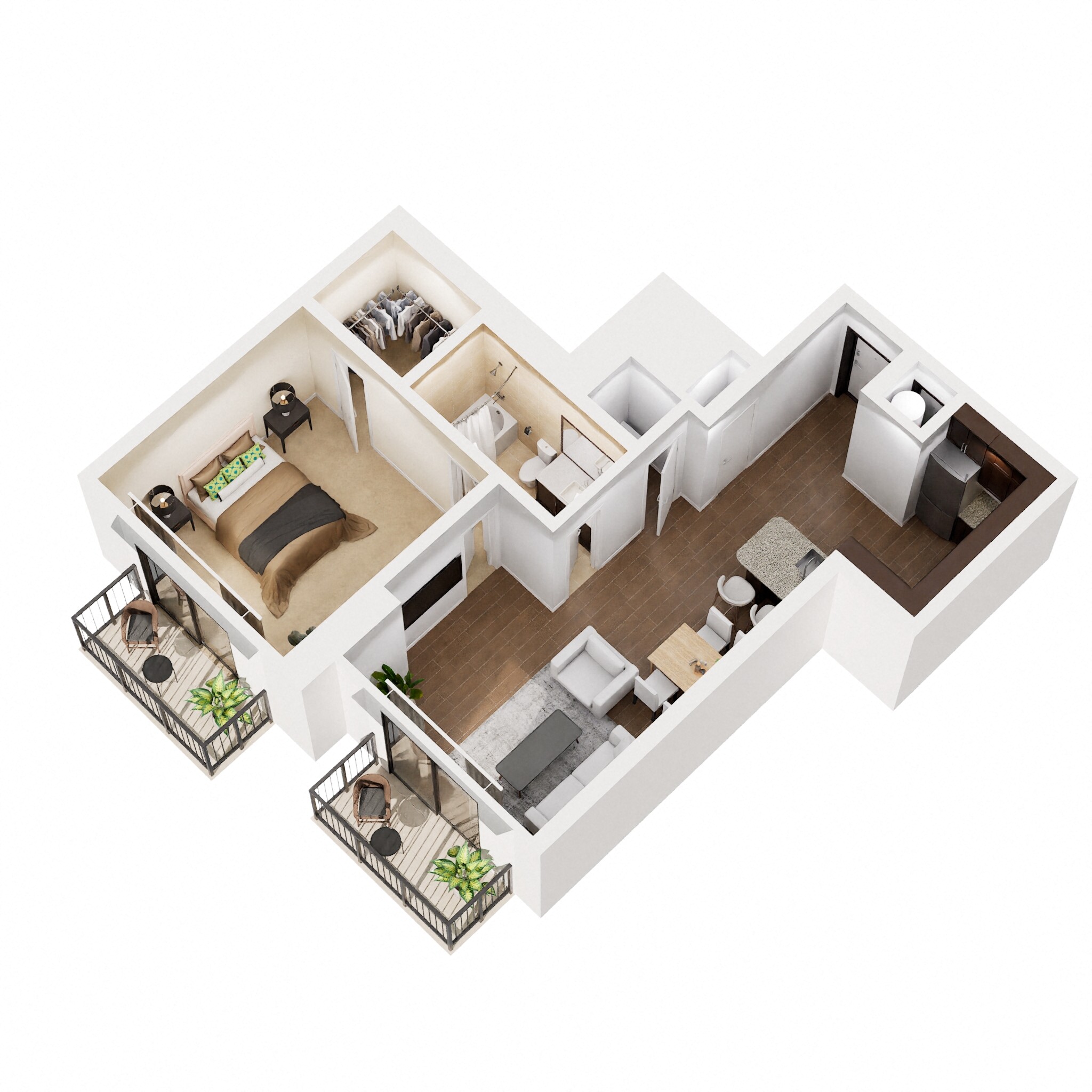Floor plan for 1 bed, 1 bath, 741 sqft